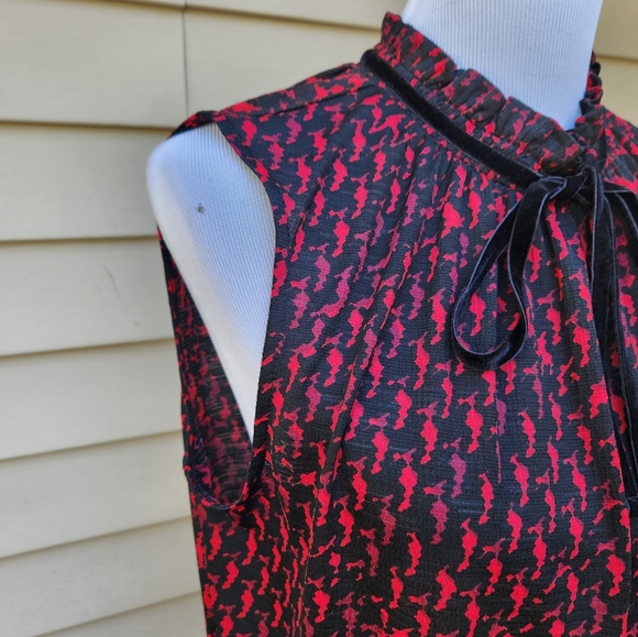 Worthington Shell Blouse Red Black Print Mockneck Bow Detail Sleeveless - Picture 6 of 13